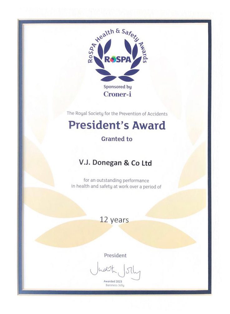 ROSPA President's Award Certificate for V.J. Donegan
